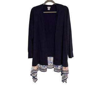 Chicos 1 Cardigan Women M Blue Open Front Asymmetric Striped Floral Hem Office